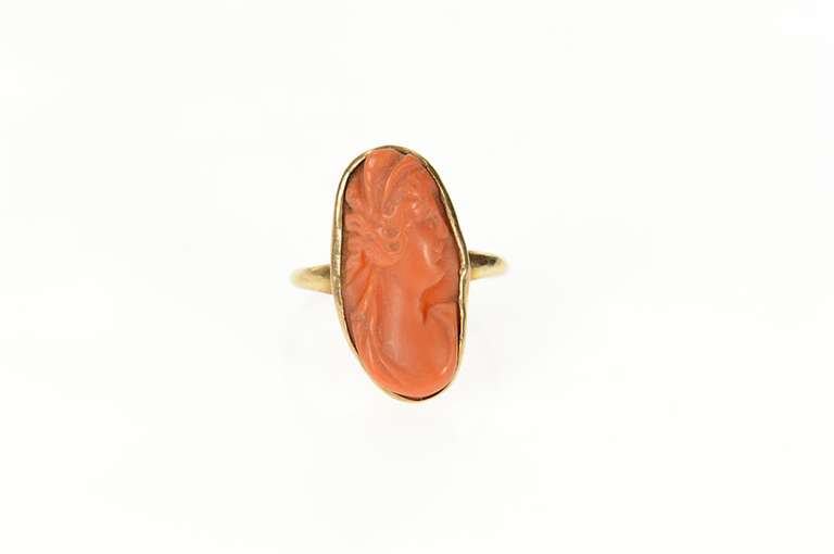 10K Yellow Gold Carved Coral Ornate Victorian Lady Cameo Ring