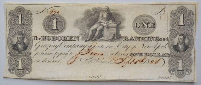 $ 1 1826 Hoboken Banking and Grazing Company Note