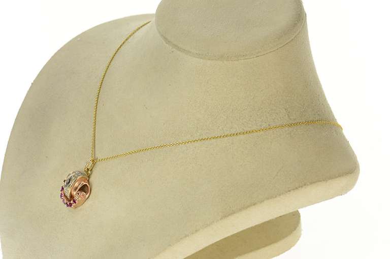 14K Rose Gold Art Deco Diamond Ruby Ornate Scroll Statement Pendant