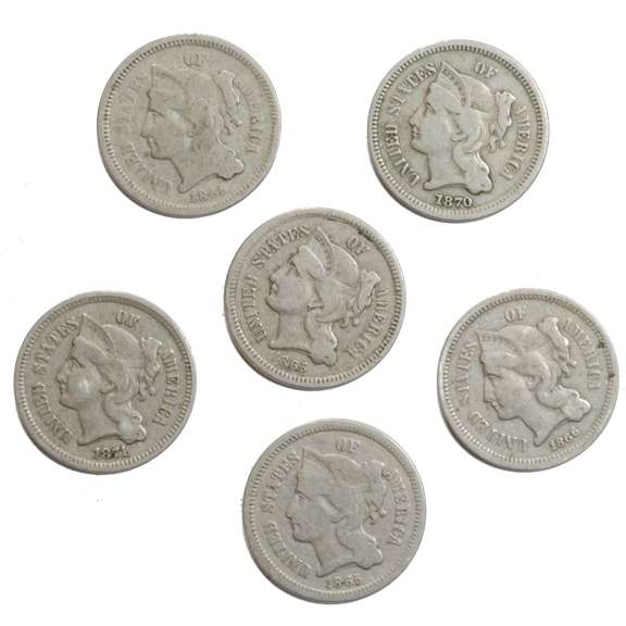 6 Assorted 3 Cent Nickels