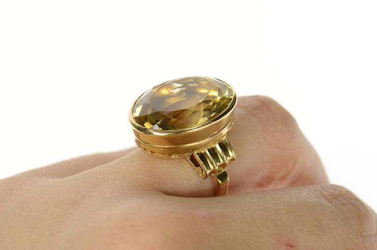 14K Yellow Gold 1940's Citrine Massive Solitaire Statement Ring