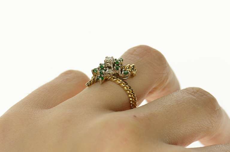 14K Yellow Gold Retro Emerald Diamond Cluster Bypass Ring