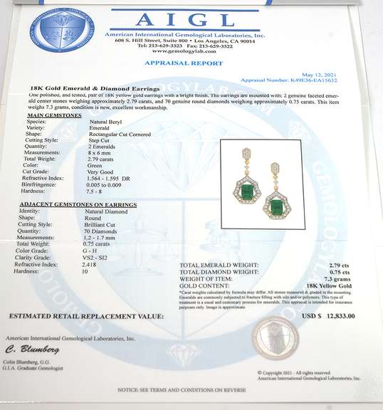 Glamorous Art Deco Emerald & Diamond Earrings in 18KT Yellow Gold