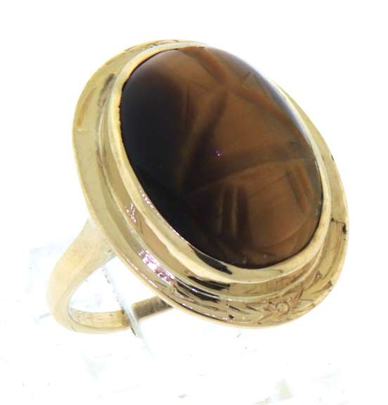 Graceful Carved Scarab Oval Cabochon Tiger Eye Ring