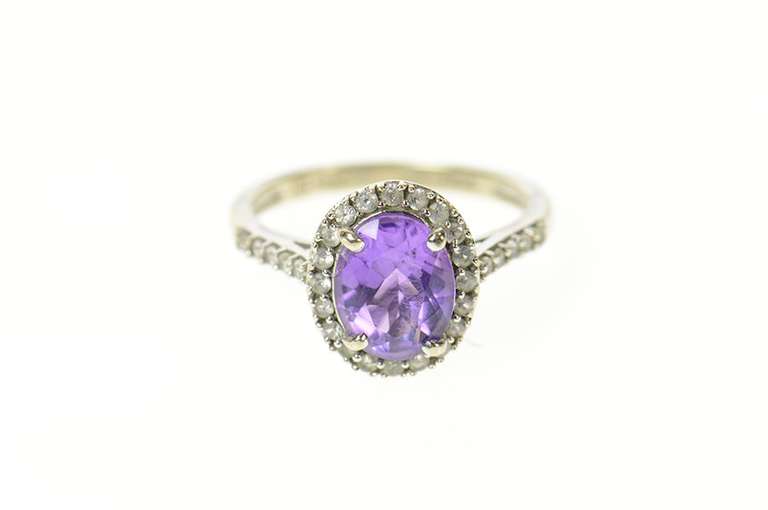 10K White Gold Oval Amethyst Diamond Halo Statement Ring