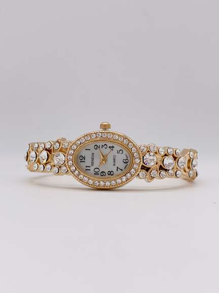 Ladies Geneva & Gemstone Cuff Watch, 18kt Gold Plated