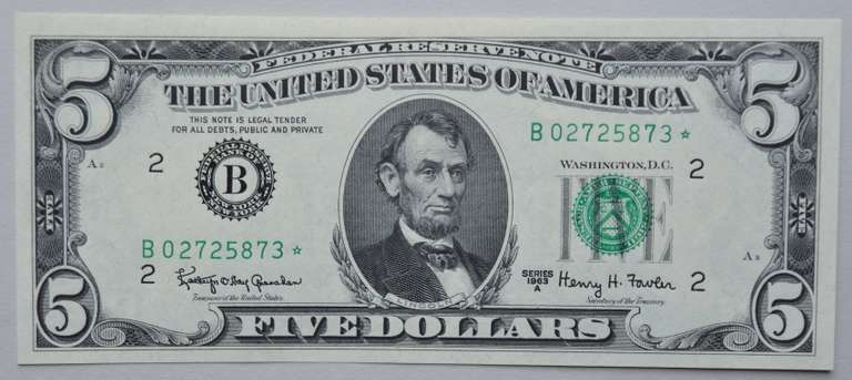 $ 5 1963A Star CH CU Fed Reserve Note