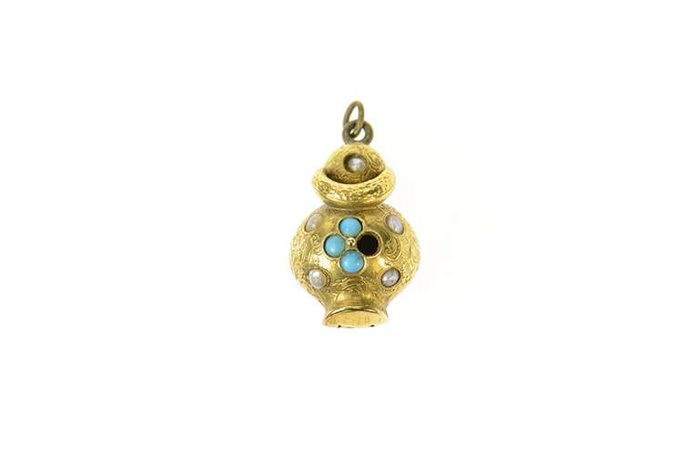 18K Yellow Gold Victorian Stylized Pearl Turquoise Urn Charm/Pendant