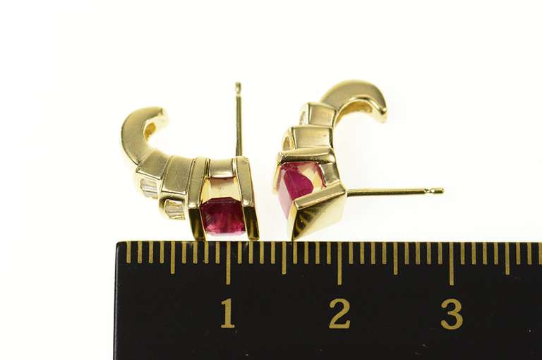 14K Yellow Gold Emerald Cut Ruby Diamond Semi Hoop Stud Earrings
