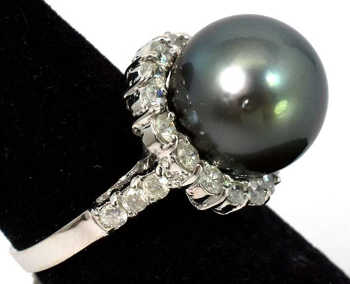 Rotund Black Tahitian Pearl & Diamond Ring in 14KT White Gold