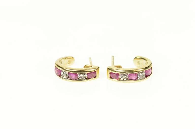 10K Yellow Gold Ruby Diamond Curved Semi Hoop Stud Earrings