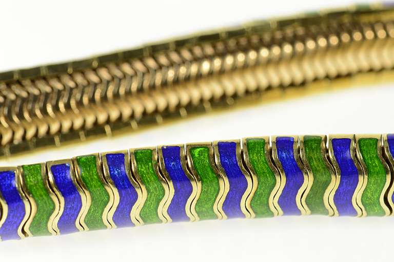 14K Yellow Gold 1960's Green Blue Enamel Wavy Chunk Bracelet