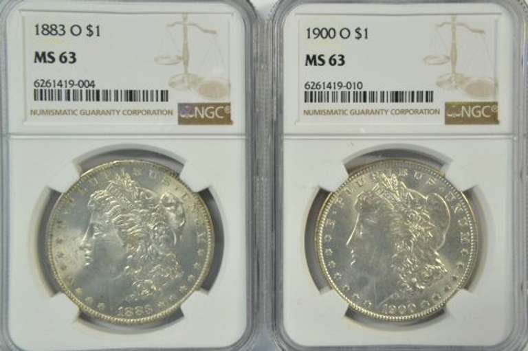 Choice BU 1883-O & 1900-O Morgan Silver Dollars. NGC MS63