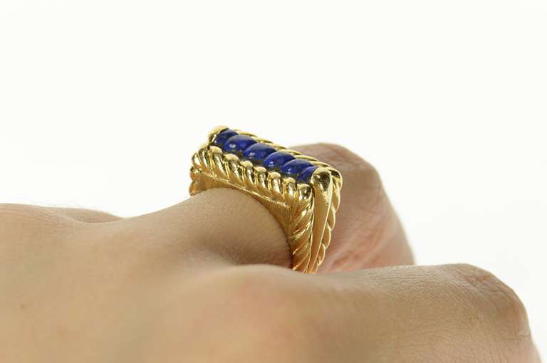 14K Yellow Gold Retro Carved Lapis Lazuli Squared Rope Ring