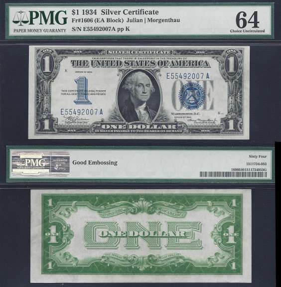 $1 1934 Silver Certificate Fr. 1606 PMG Choice Uncirculated 64