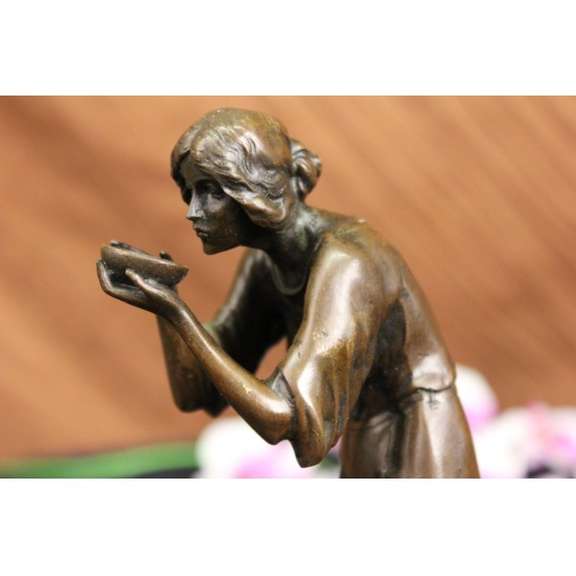 Hunched Woman Drinking Water Bronze Statue