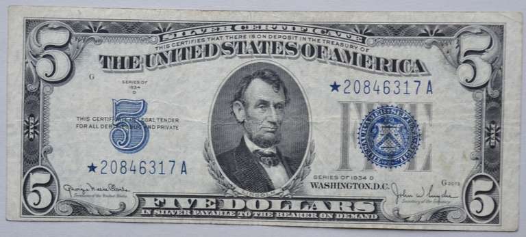 $ 5 1934 D Star Silver Certificate