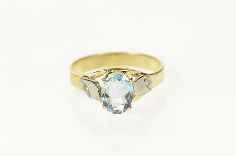 9K Yellow Gold Blue Topaz Diamond Two Tone Statement Ring
