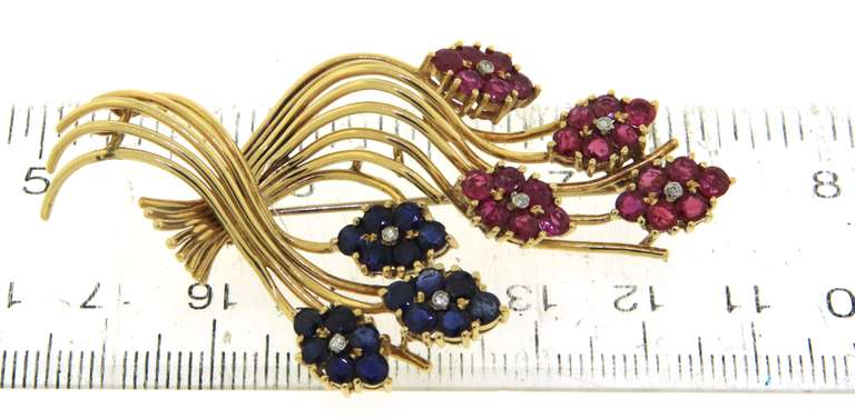 Majestic 18kt Flower Cluster Ruby and Blue Sapphire Brooch