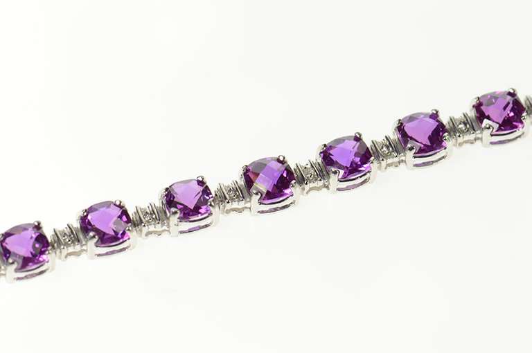 10K White Gold Faceted Cushion Amethyst Diamond Accent Bracelet