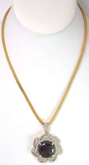 Gorgeous Colossal 50.00CTS Cabochon Cut Natural Star Ruby & White Sapphire Filigree Necklace in Vermeil