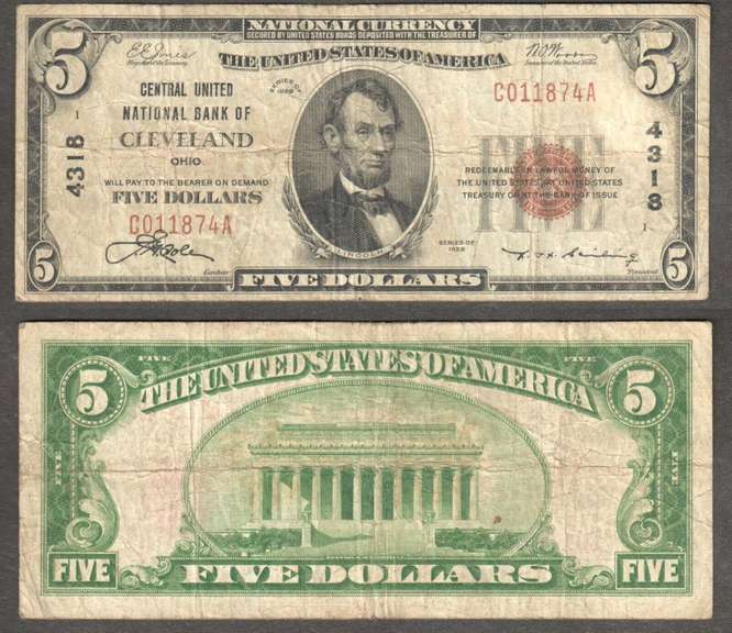 $5 1929-1 NBN=CLEVELAND, OH CENTRAL UNITED NATIONAL BANK Ch 4318