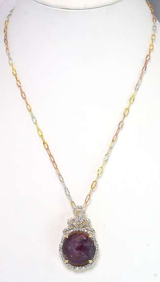 Fascinating Huge 28.00CTS Cabochon Cut Natural Star Ruby & White Sapphire Necklace in Vermeil