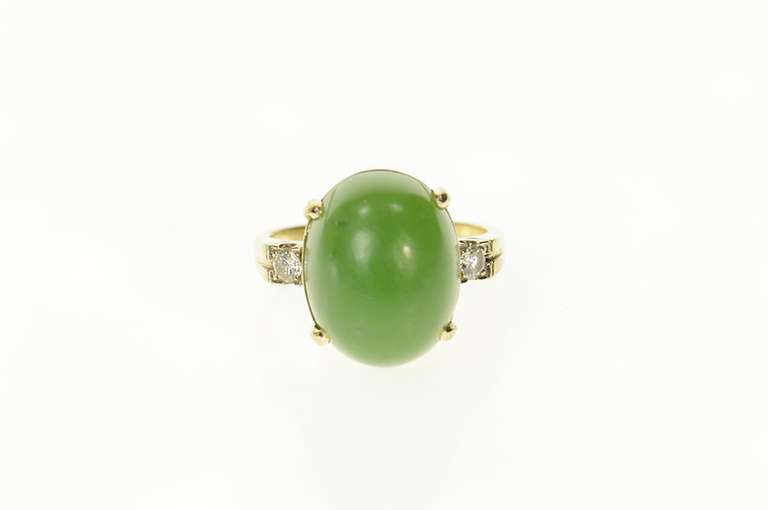 14K Yellow Gold Oval Nephrite Cabochon Ornate Cocktail Ring