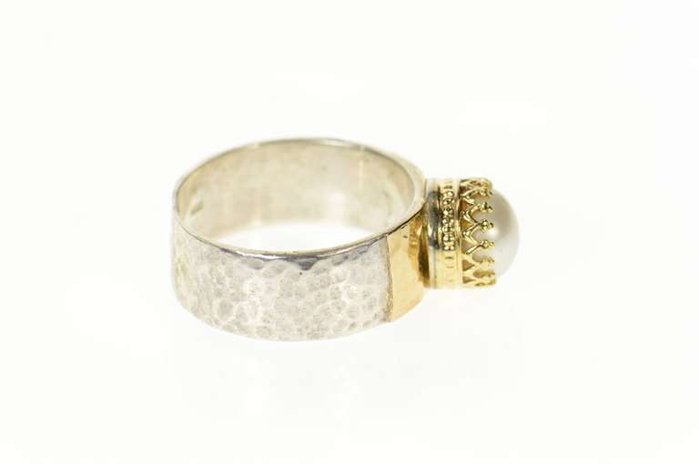 Sterling Silver Pear Two Tone Ornate Hammered Statement Ring