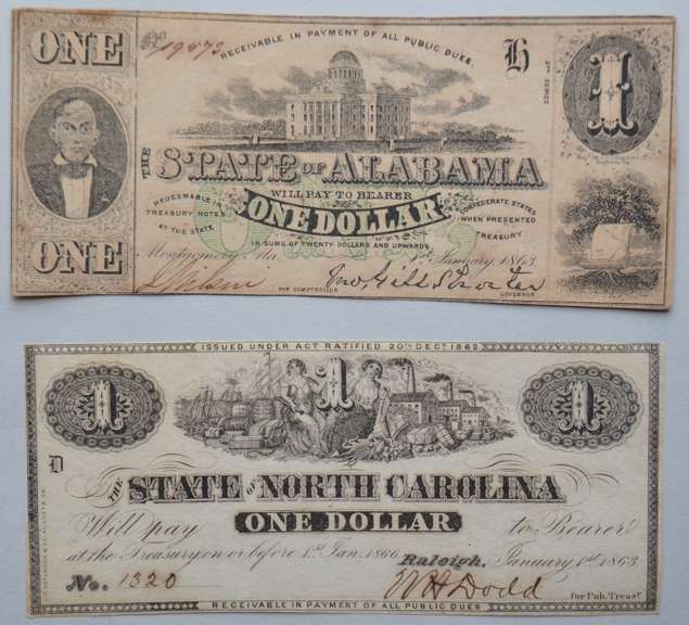 $ 1 State of North Carolina & State Of Alabama 1863 Notes