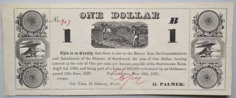 $ 1 District of Southwark Phil Pa 1837 Note Unc