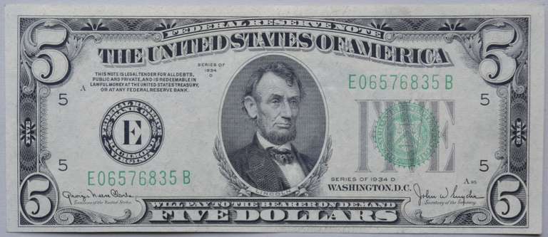 Choice Near Unc 1934 D Lime Green $ 5 Richmond FR Note