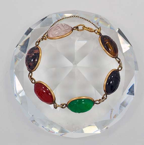 Vintage 12K Gold Filled Natural Stone Scarab Link Bracelet