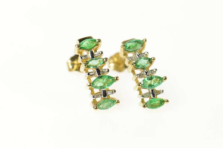 10K Yellow Gold Marquise Emerald Diamond Accent Semi Hoop Earrings