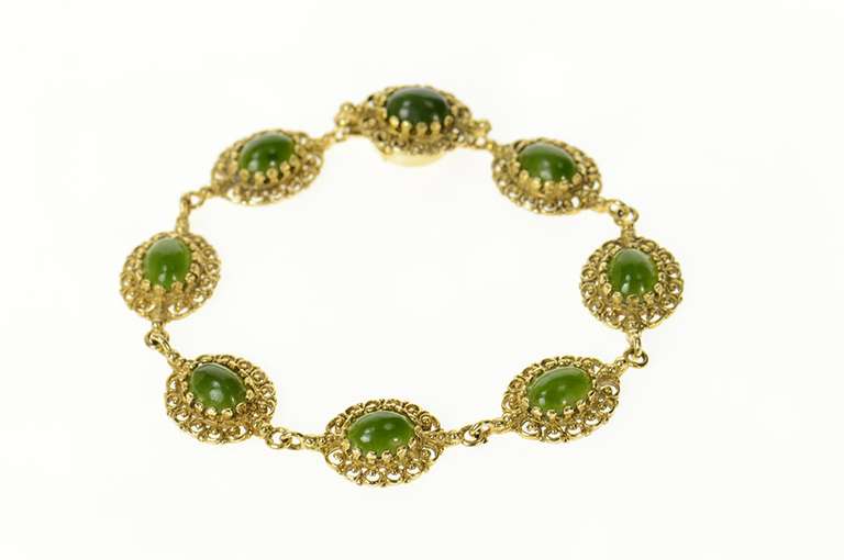 14K Yellow Gold Elaborate Ornate Retro Nephrite Filigree Bracelet