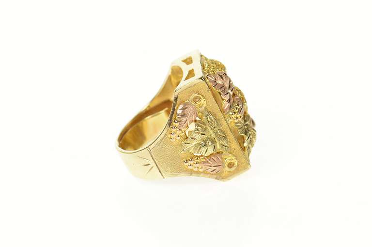 10K Yellow Gold Elaborate Black Hills Leaf Squared Cluster Ring