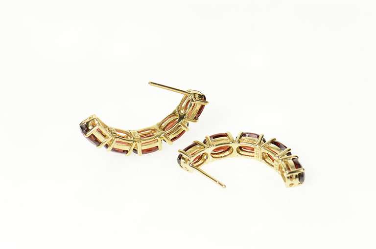 10K Yellow Gold Oval Garnet Inset Curved Bar Semi Hoop Earrings