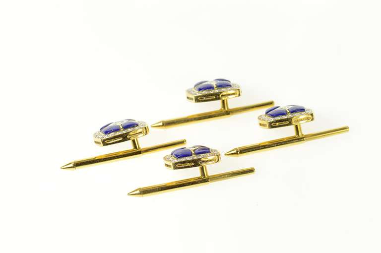 18K Yellow Gold Squared Lapis Lazuli Diamond Tuxedo Stud Cuff Links