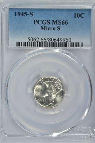 Superb Gem BU 1945-S (Micro 'S') Mercury Dime. PCGS MS66