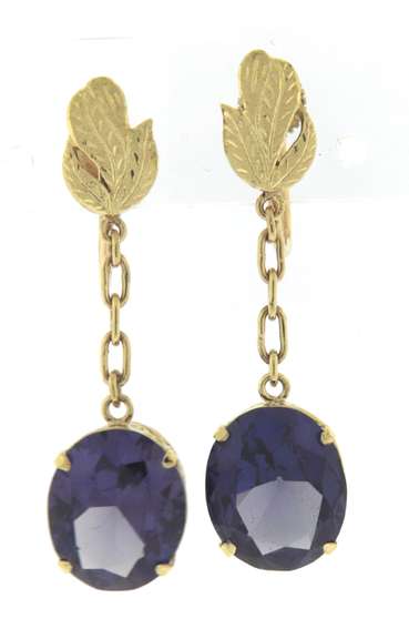 Powerful Yellow Gold Synthetic Alexandrite Dangle Earrings