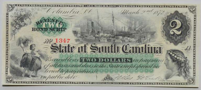 $2 Near Unc  1872 South Carolina Revenue Bond  Scrip Note