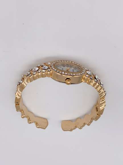 Ladies Geneva & Gemstone Cuff Watch, 18kt Gold Plated