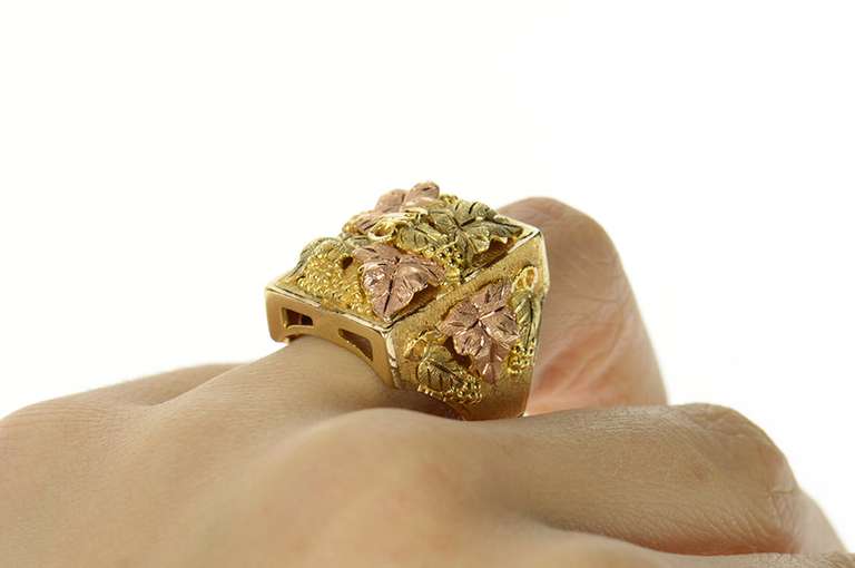 10K Yellow Gold Elaborate Black Hills Leaf Squared Cluster Ring