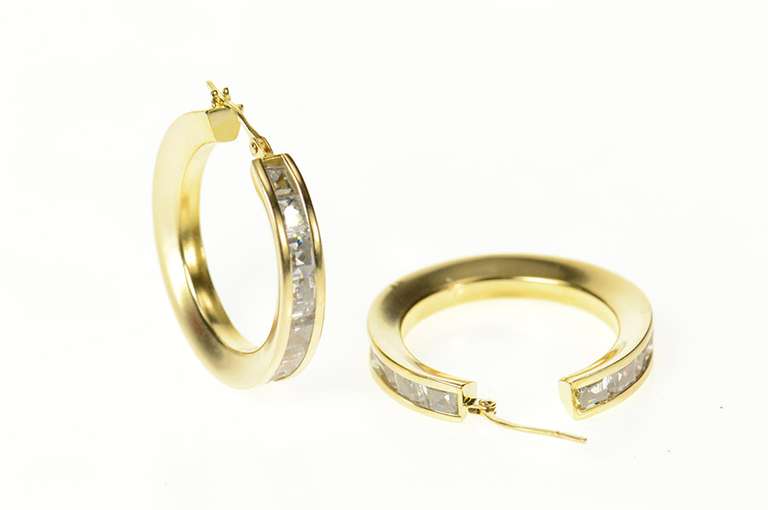 14K Yellow Gold Princess Cubic Zirconia Statement Hoop Earrings