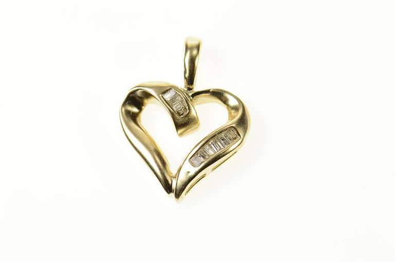 14K Yellow Gold Baguette Diamond Wavy Heart Love Pendant