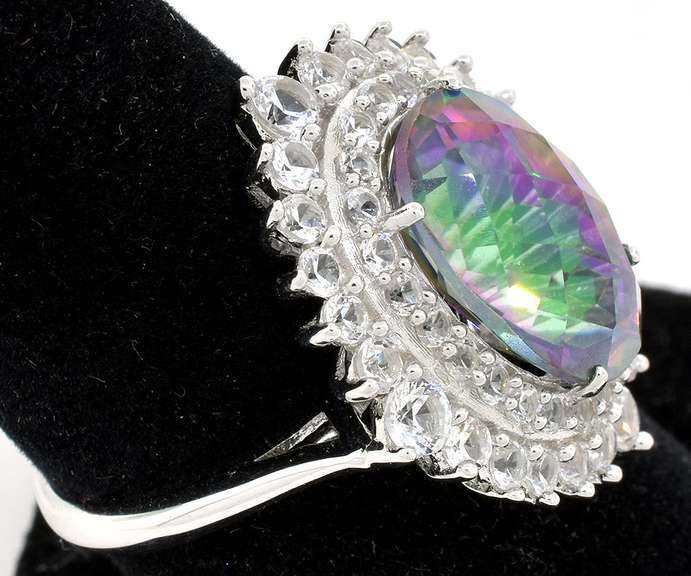 Stunning 8.00CTS Oval Diamond Cut Mystic Topaz & White Topaz Ring in Sterling Silver