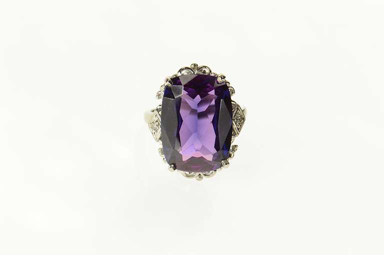 10K White Gold Ornate Art Deco Amethyst Diamond Cocktail Ring