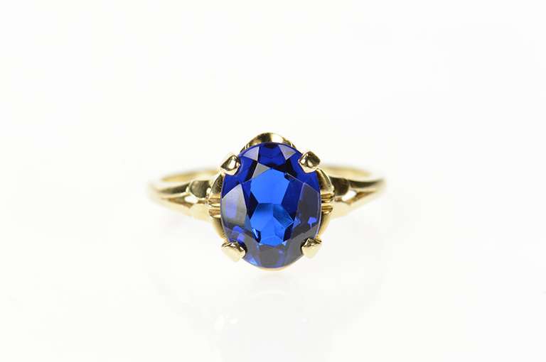 10K Yellow Gold 1940's Classic Syn. Sapphire Ornate Statement Ring