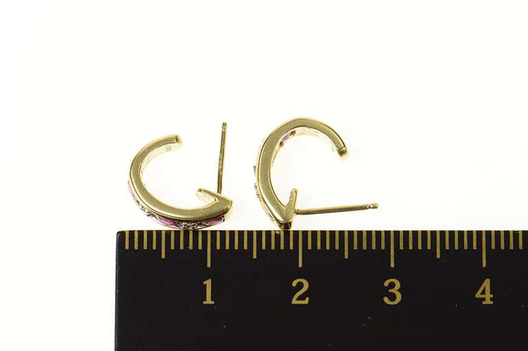10K Yellow Gold Ruby Diamond Curved Semi Hoop Stud Earrings