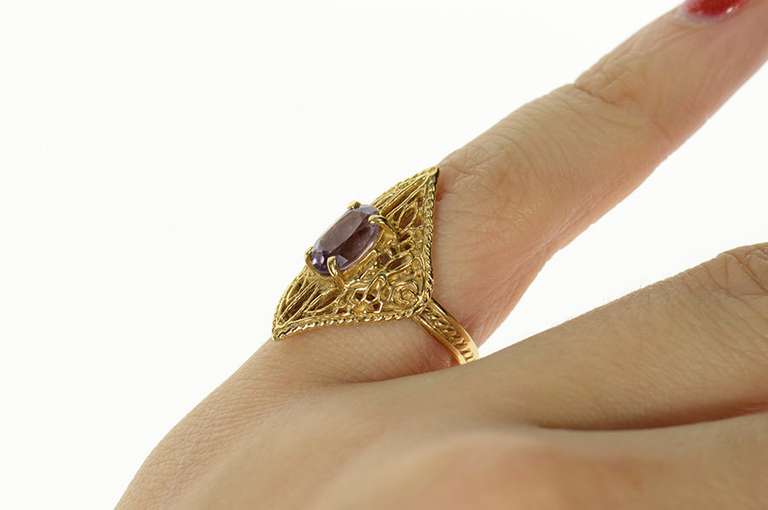 14K Yellow Gold Oval Amethyst Ornate Filigree Statement Ring